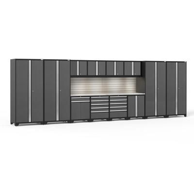 Newage Products Pro 3.0 Series 14-Piece Garage Cabinet Set With Multi-Function Cabinet, Grey / Stainless Steel Worktop / LED Lights + Slatwall Backsplash