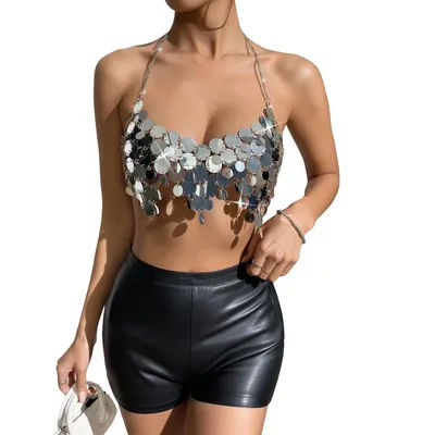 Y2K Haut caraco ajusté sexy pour femme argenté sans manches, col licou, paillettes, haut court pour sortir pour la fête