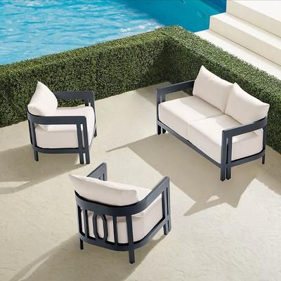 Porticello 3-pc. Loveseat Set in Matte Black Aluminum - Vista Boucle Air Blue - Frontgate