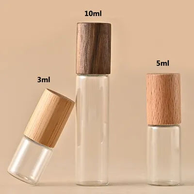 3ml 5ml 10ml Clear Glass Roll on Bottle With Natural bamboo Wood cap Sample Test Roller Ball Vials For Essential Oil Perfume