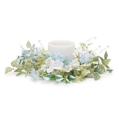 Mini Blossom Floral Candle Ring 18"D by Melrose in Green White Blue