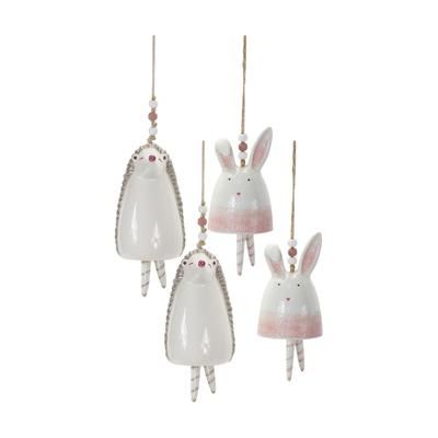 Bunny/Hedgehog Bell (Set of 4) 4.75"H, 7"H Stoneware by Melrose in White/pink