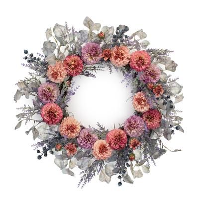 Mixed Zinnia Floral Wreath 24"D by Melrose in Purple/pink/green