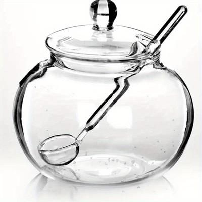 TEMU Clear Glass Sugar Bowl With Spoon - 250ml Transparent Spice Jar For Kitchen, Outdoor Safe, Home Organization, Cooking, Candy Storage Pot