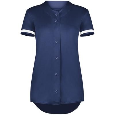 Augusta Sportswear 6920 Athletic Girls Cutter+ Full Button Softball Jersey T-Shirt in Navy Blue/White size Small | Polyester/Spandex Blend