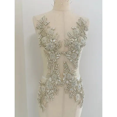2 Pairs Silver Flowers Rhinestone Applique Crystal Bodice Patch Heavy Rhinestone Patch For Couture And Dance Costume