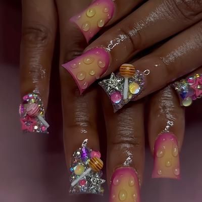 TEMU 24-piece Duckbill Shape Press On Nails Set For Women & Girls - Mixed Colors With Colorblock & Glitter Design, Mid-length, Glossy Finish Including Nail Buffer & Jelly Glue