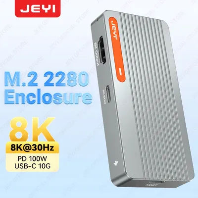 JEYI M.2 NVMe 2280 SSD Enclosure, Aluminum Case with USB3.2 10Gbps, 100W Fast Charging & 8K/4K Video Output via HDTV/DP.