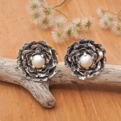Bouquet Beauty,'Floral Sterling Silver Button Earrings with Cultured Pearls'