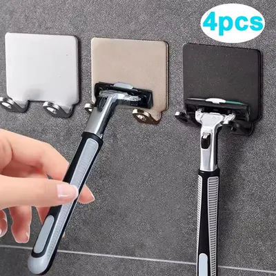 4pcs Punch Free Razor Holder Men's Shaving Shaver Hanger Rack Wall Waterproof Bathroom Razor Shaver Organizer Shelf Accessories