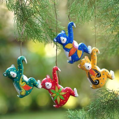 'Set of 4 Hand-Painted Tropical Albesia Wood Bear Ornaments'