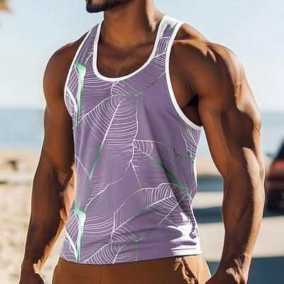 Per uomo Canotta Gilet Maglietta senza maniche Senza Maniche Girocollo Estate Piante Tropicale Foglia di palma Moda Classico Confortevole Stampato Casuale Ferie Spiaggia Verde chiaro Rosa Blu