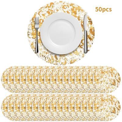 TEMU 12/24/50pcs Of Golden Round Placemats, Disposable Metallic Round Mesh Table Mats, 13 Inches In Diameter, Suitable For Table Decoration, Wedding Decor, Birthday Parties, Home Decor, Decoration.