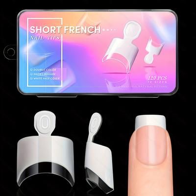 TEMU 120pcs French Nail Tips Set - Square Acrylic Half Cover Fake Nails With Handles, Short Length, Pure , Clear & White French Tip Press-on Nails For Diy Nail Art And Extension