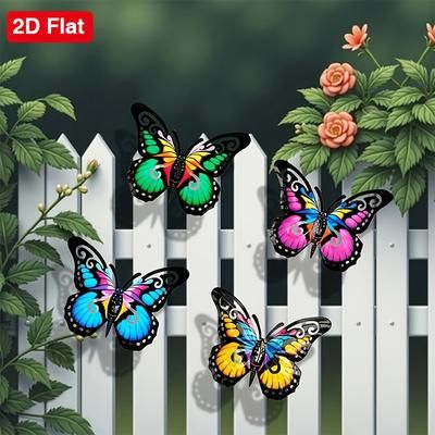 TEMU 2d Flat 4pcs Metal Wall Art Decoration, Decorative Hanging Metal Butterflies For Garden, Patio, Living Room, Balcony - Perfect Gift For Family, 2d Flat