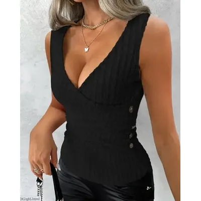 Women's Sexy Ribbed Knit Tank Top with Button Details - V-Neck Sleeveless Stretch Fit Machine Washable Black Polyester