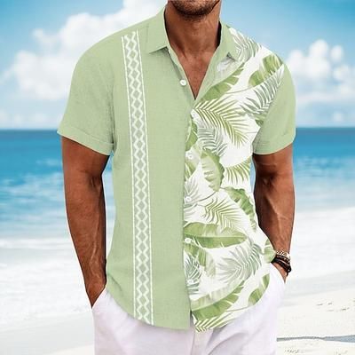 Per uomo Geometrico Foglia di palma Piante Tropicali Camicia Camicia Guayabera Camicia hawaiana estiva Manica Corta Hawaiano Vacanza Abbigliamento Quotidiano Abbigliamento mare Estate Primavera Collo