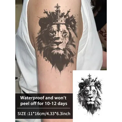 Crown and lion waterproof temporary tattoo sticker, lasts 1-2 weeks, realistic semi-permanent fake tattoo