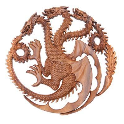 King Ghidorah,'Handmade Suar Wood Dragon-Motif Relief Panel'