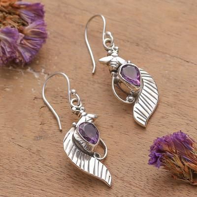 'One-Carat Amethyst Dangle Earrings with Bee-Themed Details'