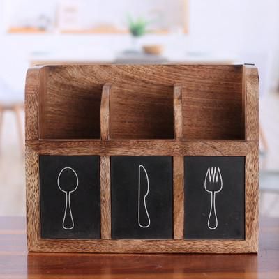 'Burnt-Finished Mango Wood Cutlery Organizer Crafted in India'
