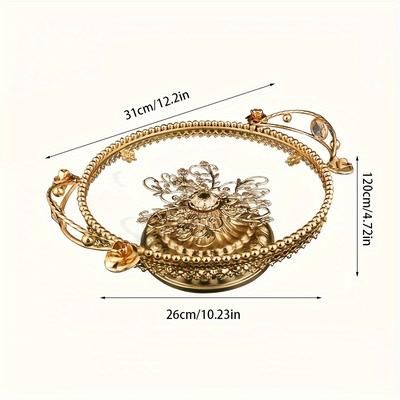TEMU 1pc Burronwood Elegant Golden Metal Fruit Tray With Intricate – Light Decor For Living Room, Tea Table, Or Kitchen, Food-safe Glass Tray For Dry Fruits And Cups, Trays For Home Decor