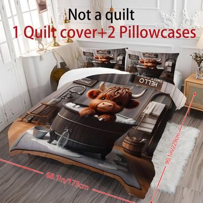 TEMU 3pcs Highland Cow Bedding Set - Includes 1 Duvet Cover & 2 Pillowcases, Soft Polyester, - Machine Washable, Bedroom, Decor & - Gift For Family &
