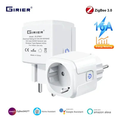 GIRIER Smart Power Plug 16A ZigBee Smart Home Outlet Socket EU with Energy Meter Function Works Home Assistant Alexa Hey Google
