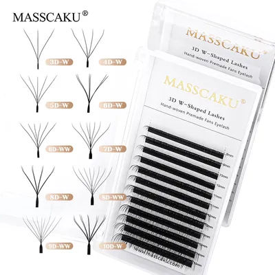 12 Rows MASSCAKU Soft Long-lasting 3D/4D/5D W Design Lash C/D Curl 0.07mm Thickness 3D Effect Handmade W Style Eyelash Supplies