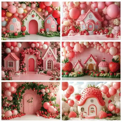 Red Strawberry Berry House Balloon Arch Backdrop Girls Baby Shower Birthday Party Cake Smash