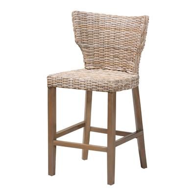 Enver Modern Bohemian Grey Kubu Rattan And Mahogany Wood Counter Stool by Bali & Pari in Grey Taupe