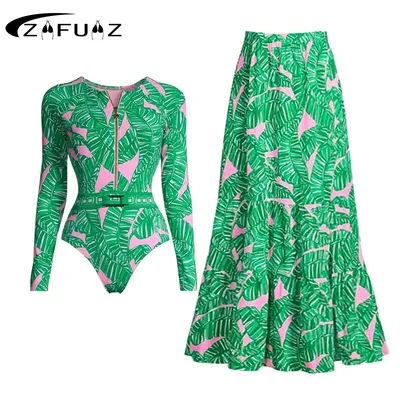 Maillot de bain une pièce avec couverture, Sexy, manches longues, avec jupe, pour femmes, vêtements de plage, 2024