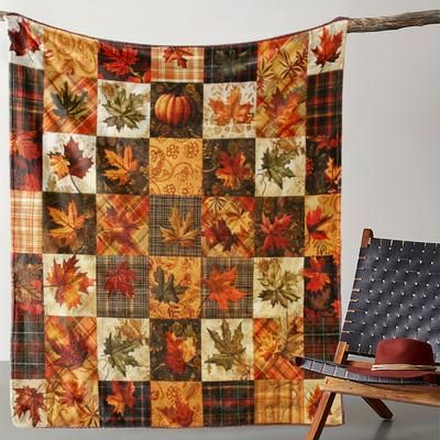 TEMU 1pc Vintage Autumn Pumpkin And Maple Leaf Print Flannel Throw Blanket - Knitted Polyester, Lightweight Nap Throw For Sofa, Bed, Office, Car, Camping, Travel - Ideal Gift Blanket