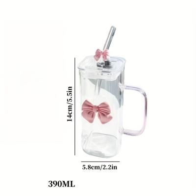 TEMU 1pc Cute Bow Glass Cup With Handle And Straw Lid - Heat-resistant High Borosilicate Glass, Large Capacity For Juice & Cold Drinks, Decorative , Green & Pink Options, Hand Wash Only