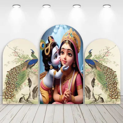 Mehofond Custom 2-Sided India Yashoda and Krishna Peacock Birthday Party Baby Shower Cover Chiara Arch Background Decor Backdrop