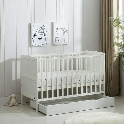 TEMU Mcc Direct White Wooden Baby Cot Bed & Drawer & Aloe Vera Mattress & Safety Wooden Barrier - With Drawer (126cm X 66cm X 86cm)