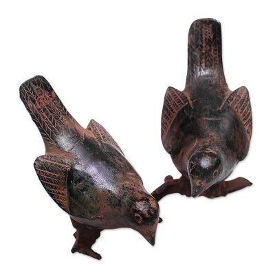 Chirping Couple,'Bronze Sculpture of Bird Pair from Indonesia'