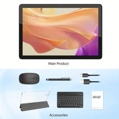 TEMU 10.1-inch Tablet, Android 14 Tablet 2-in-1 With Keyboard, Mouse, Stylus, 8gb (4+4gb) , 128gb Rom, -core Processor, 8000 Mah, 5g Dual-band Wifi6, Office Tablet