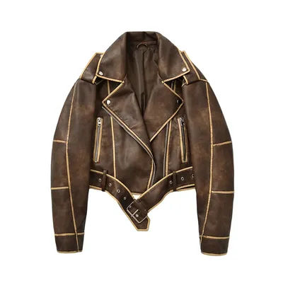 Ailegogo Spring Autumn Women Loose Moto Biker Retro Faux Leather Jacket Streetwear Female Vintage Belt Zipper Coat Outwear