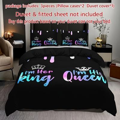 TEMU 3pcs Crown Letter Duvet Cover Set (1 Duvet Cover + 2 Pillowcase Without Pillow Insert), Soft And Breathable Hd Printing Bedding For Home Dorm