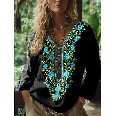 Blusa boho da donna floreale grafica paisley bohemia vintage tropicale maniche 3/4 collo a V top regolari bianco rosa verde estate primavera