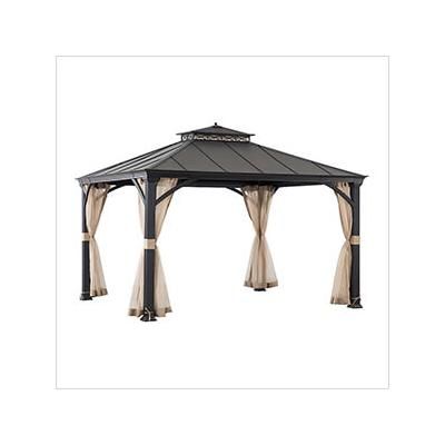 Sunjoy Group 11 x 13 Black 2-Tier Steel Hardtop Gazebo with Ceiling Hook and Netting