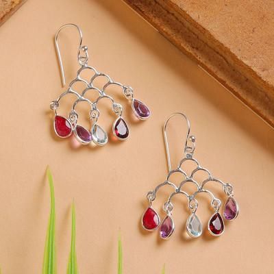 'Jali-Inspired Multi-Gemstone Silver Chandelier Earrings'