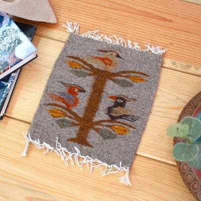 'Grey Bird-Themed Hand-Loomed Zapotec Style Wool Table Mat'