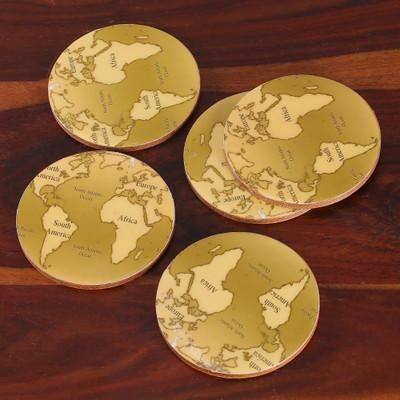 'Set of 5 World Map-Themed Round Laminated Wood Coasters'