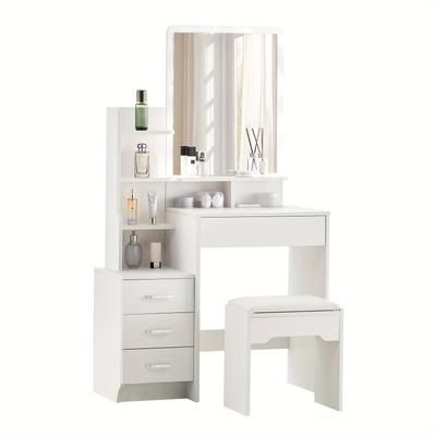 TEMU Dressing Table With Mirror And Stool, 4 Drawers 6 Shelves Vanity Table Makeup Table White Modern Wooden Dresser For Bedroom