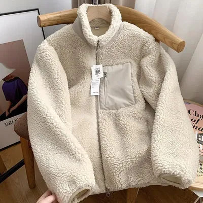 Motorcycle Jackets Single Couple Autumn/Winter New Zipper Loose Windproof Pocket Stand Up Collar Warm Lamb Wool Coat For Women