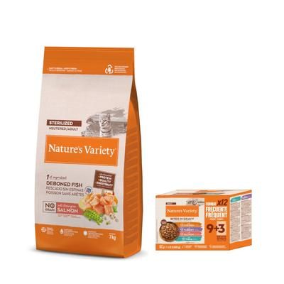 7kg No Grain Sterilised Norwegian Salmon Nature's Variety Dry Cat Food + 12 x 85g Bites in Gravy Adult Mixed Pack (4 Varieties) Nature's Variety Wet Cat Food