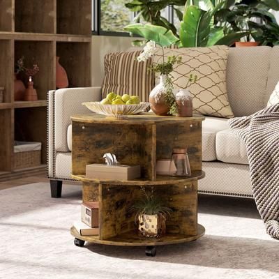 TEMU Round Coffee Table, Movable With Divided Shelves And Rolling Wheels, 3 Tier Living Room Table,