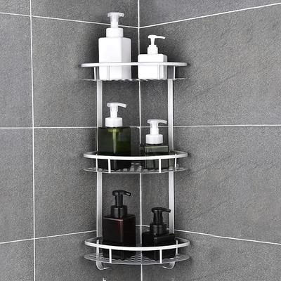 TEMU 2/3 Tier Stainless Steel Bathroom Corner Shelf - Space-saving Wall-mounted Organizer For Shampoo, Body Wash, And Cleaning Supplies, Durable Aluminum Construction, Bathroom Accessories